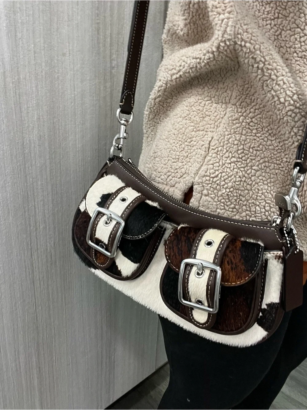 Cowhide Ashton Patch Leather Crossbody Bag in Brown and White - Picture 10 of 12